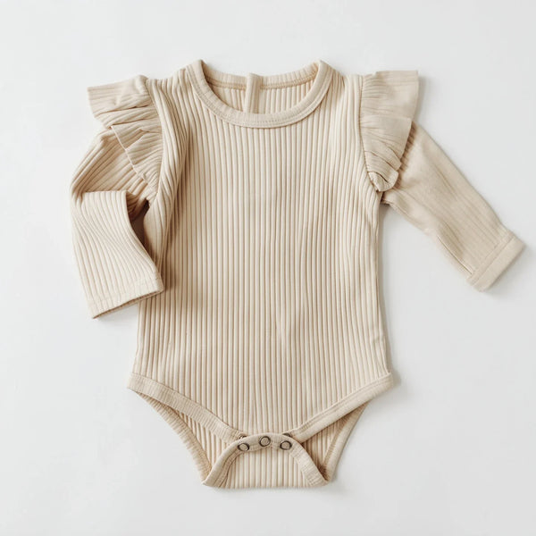 Cream ribbed cotton bodysuit with flutter shoulder ruffles
