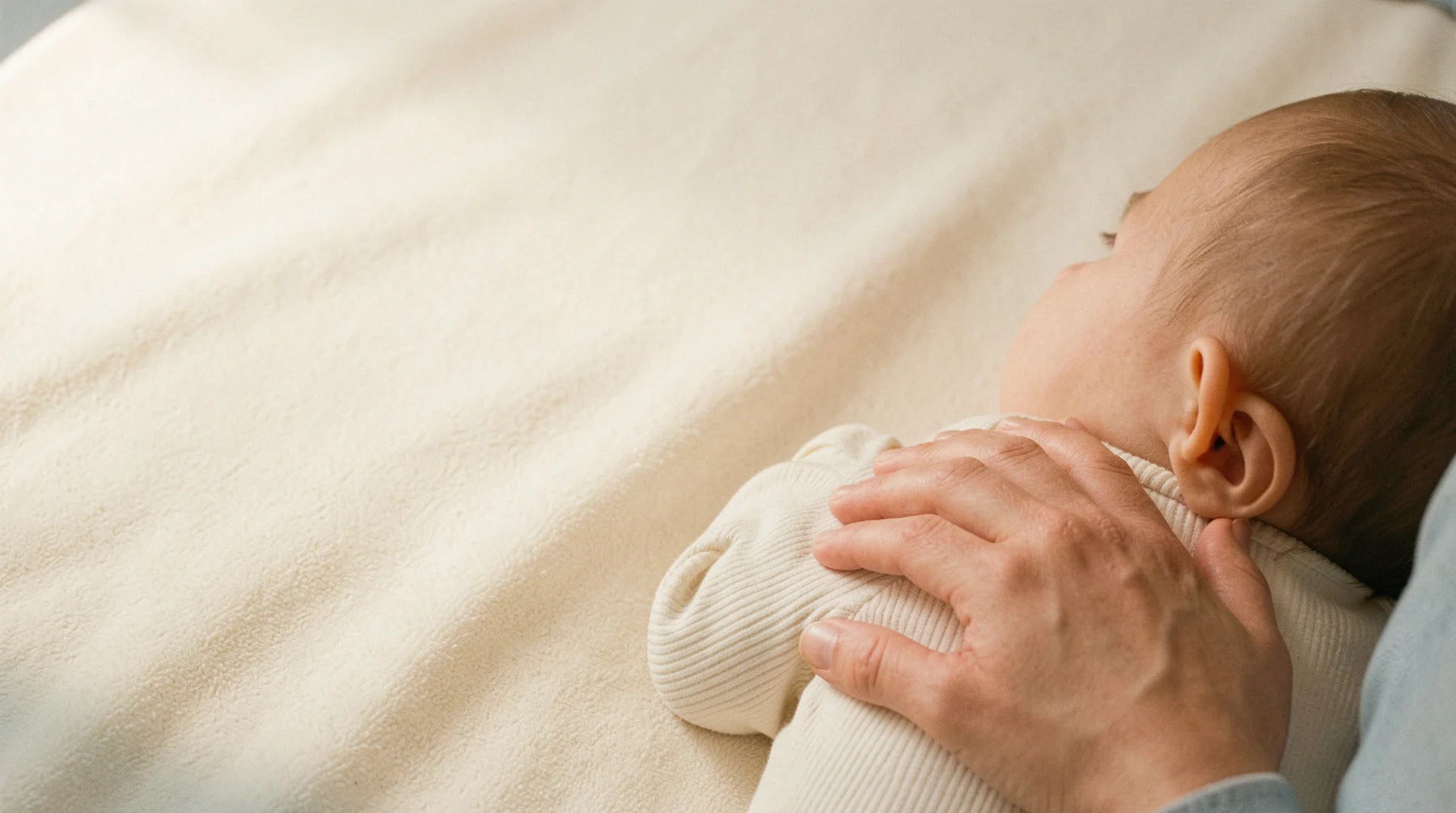 A caregiver’s hand resting on a newborn in a cream ribbed bodysuit, Baby Blue Fashion