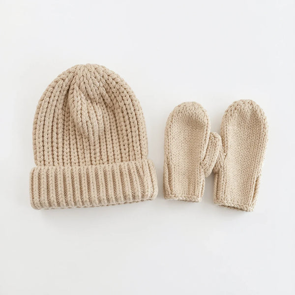 Oatmeal ribbed knit baby beanie with matching mittens
