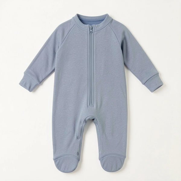 Dusty blue footed baby romper with a full-length zip