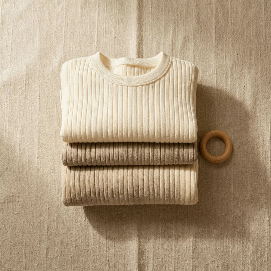 A folded stack of cream and oatmeal ribbed knitwear with a wooden ring toy, Baby Blue Fashion